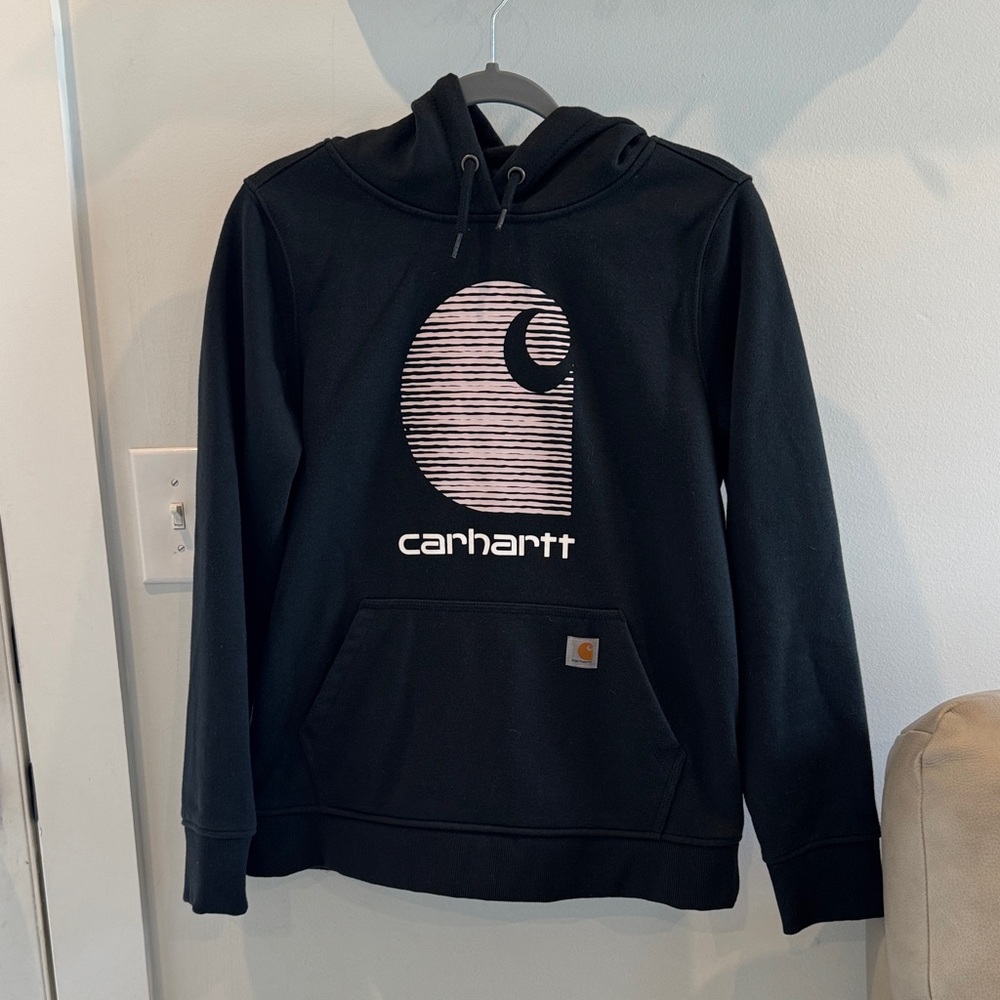 Carhartt Relaxed Fit Black Hoodie with Light Pink Logo Womens Size Medium Fits S